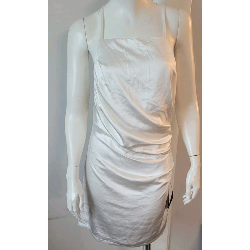 Lulus Womans Sz. M White Satin Bodycon Ruched Slip Dress Criss Cross Back